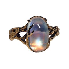 Rainbow Moonstone Yellow Gold Ring Gem Report Indian Cabochon Gem Unisex Jewelry