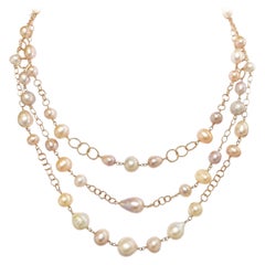 Freshwater Rose Pearl Necklace, 3 Strand Multi Color Pearl Necklace Rose Color