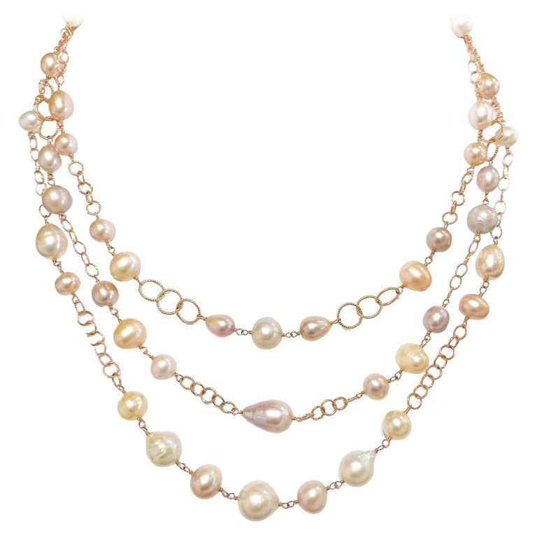 Freshwater Rose Pearl Necklace, 3 Strand Multi Color Pearl Necklace ...
