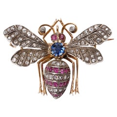 E Victorian 18kt. Yellow Gold and Sterling Silver Insect Brooch, Sapphires, Ruby