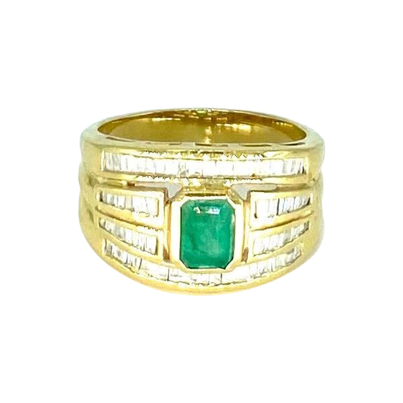 Vintage 1.20 Carat Emerald and Diamonds 4-Row Ring 18k Gold