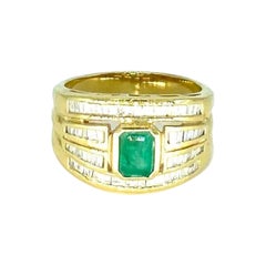 Vintage 1.20 Carat Emerald and Diamonds 4-Row Ring 18k Gold