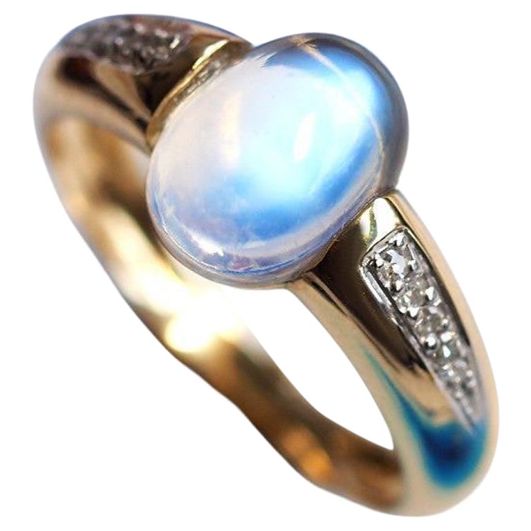 Moonstone Diamonds Yellow Gold Ring Oval Cabochon LGBTQ Engagement Classic Style