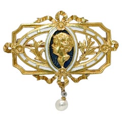 Antique French Cameo 18K Gold & Enamel Brooch with a Pearl Pendant Drop 