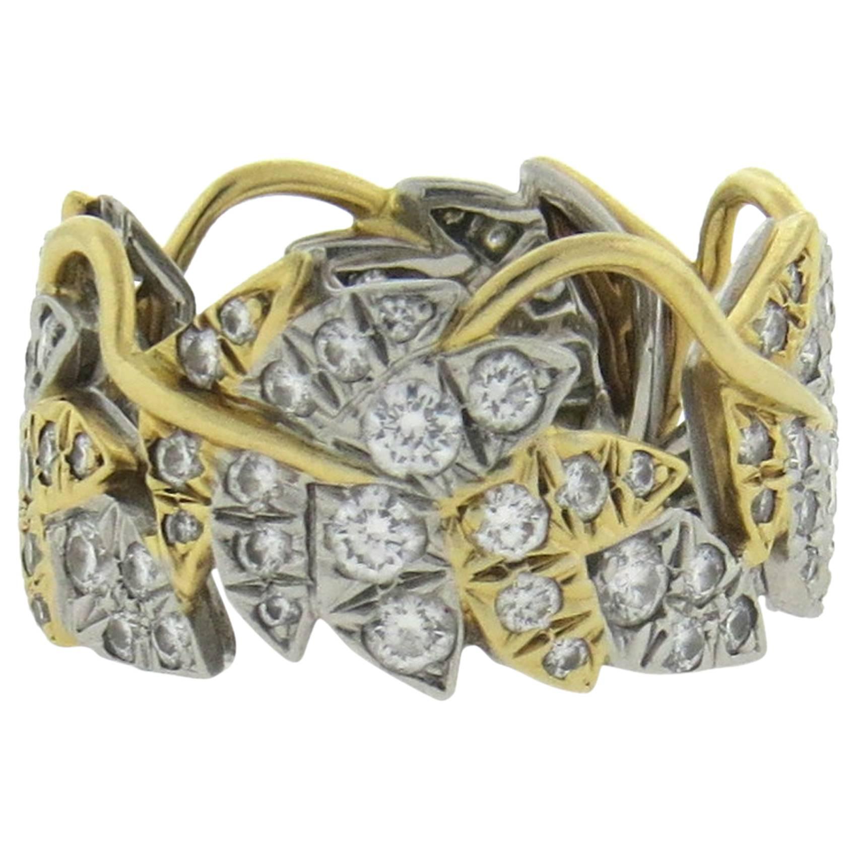 Tiffany & Co. Schlumberger Diamond Gold Platinum Four Leaves Ring 