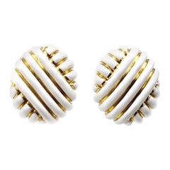 Andrew Clunn Vintage White Enamel Yellow Gold Clip-On Earrings