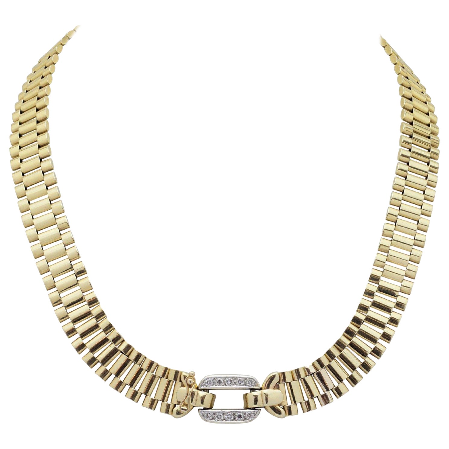 Italian 14 Karat Yellow Gold Rolex Link Style Necklace with Diamond Clasp