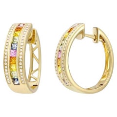 Yellow Orange Pink Blue Sapphire Diamond Hoop Colourful Gold Earrings for Her