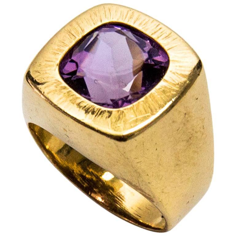 Awesome Cushion Cut Amethyst Gold Statement Ring For Sale