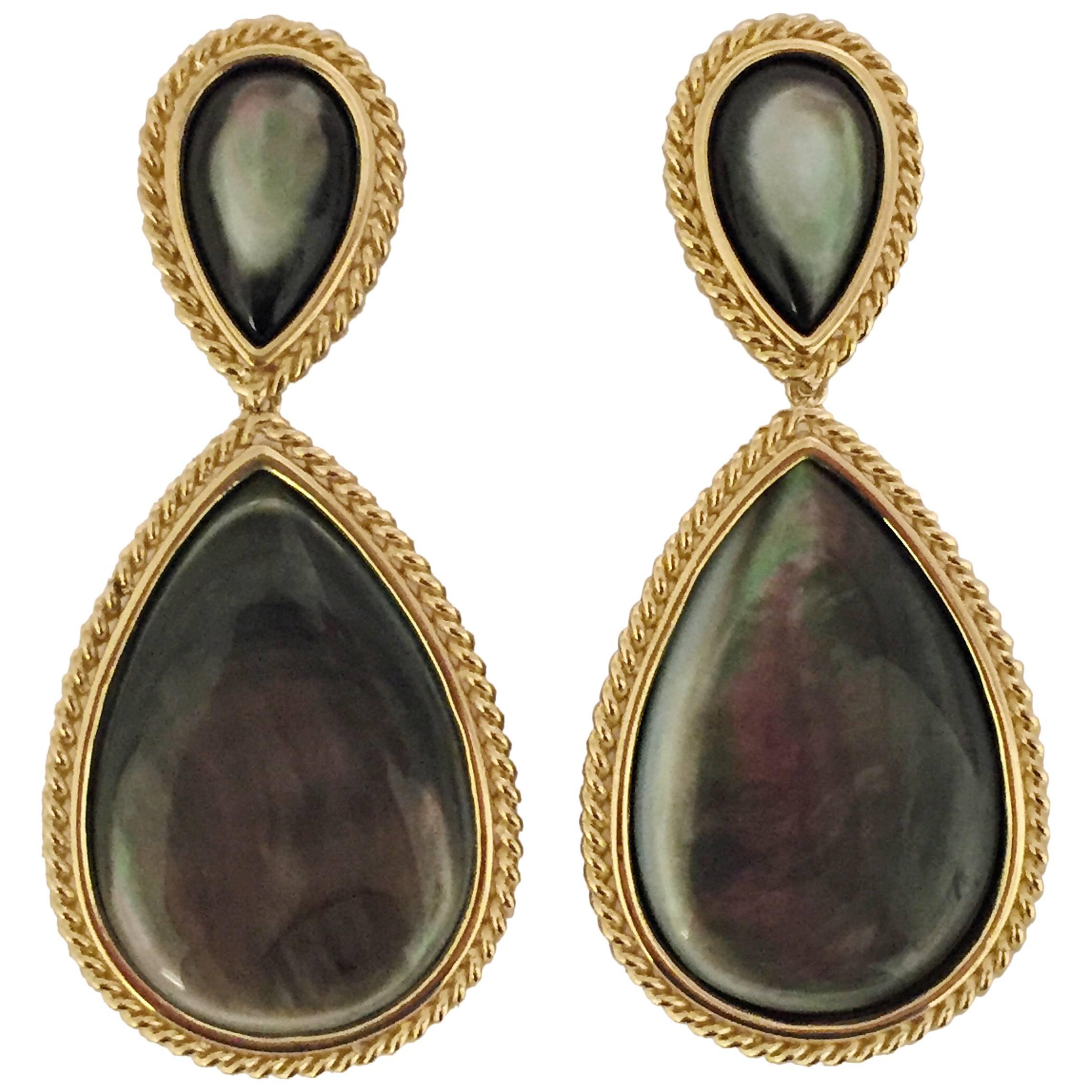 Pear Shaped Abalone Mother-of-Pearl Gold Drop Earrings with Rope Twist For Sale