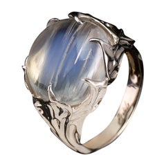 Moonstone White Gold Ring Striped Clear Cabochon Magic Stone Mens Jewelry Unisex