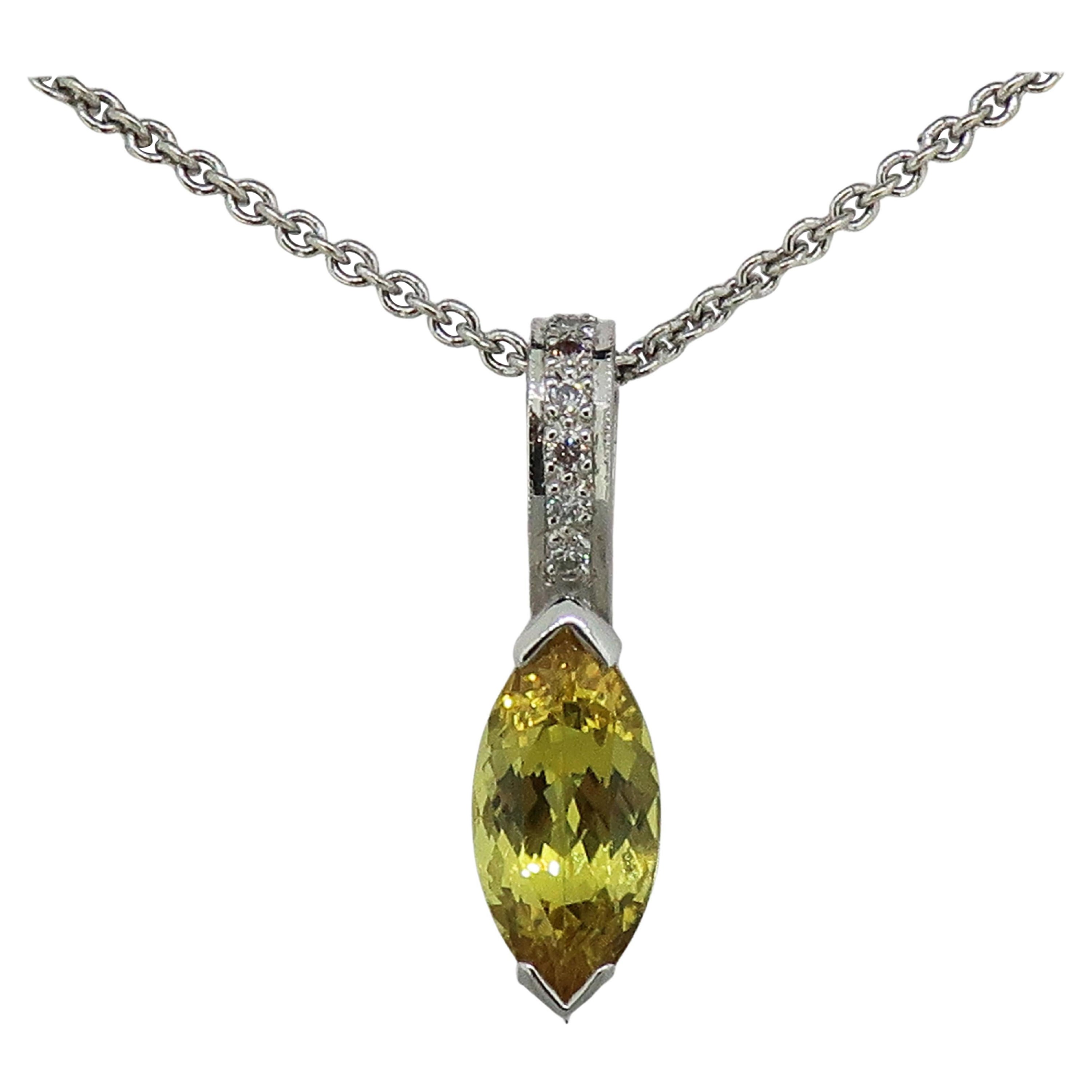 Marquise Yellow Sapphire and Diamond Pendant 18 Karat White Gold For Sale