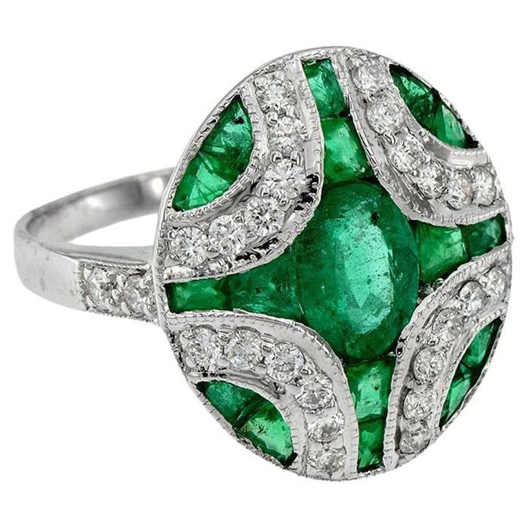 Art Deco Style Oval Emerald with Diamond Cocktail Ring in 18K White Gold