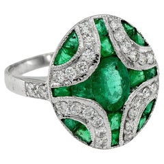 Art Deco Style Oval Emerald with Diamond Cocktail Ring in 18K White Gold