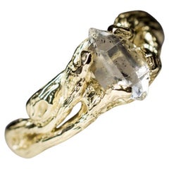 Herkimer Diamond Crystal Yellow Gold Ring Rock Crystal Clear Quartz Mens Jewelry