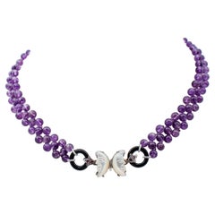 Amethysts, Rubies, White Stones, Onyx, 9 Karat Rose Gold and Silver Necklace