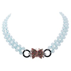 Aquamarine Diamonds Emeralds Rubies Sapphires Onyx 9Kt Gold and Silver Necklace