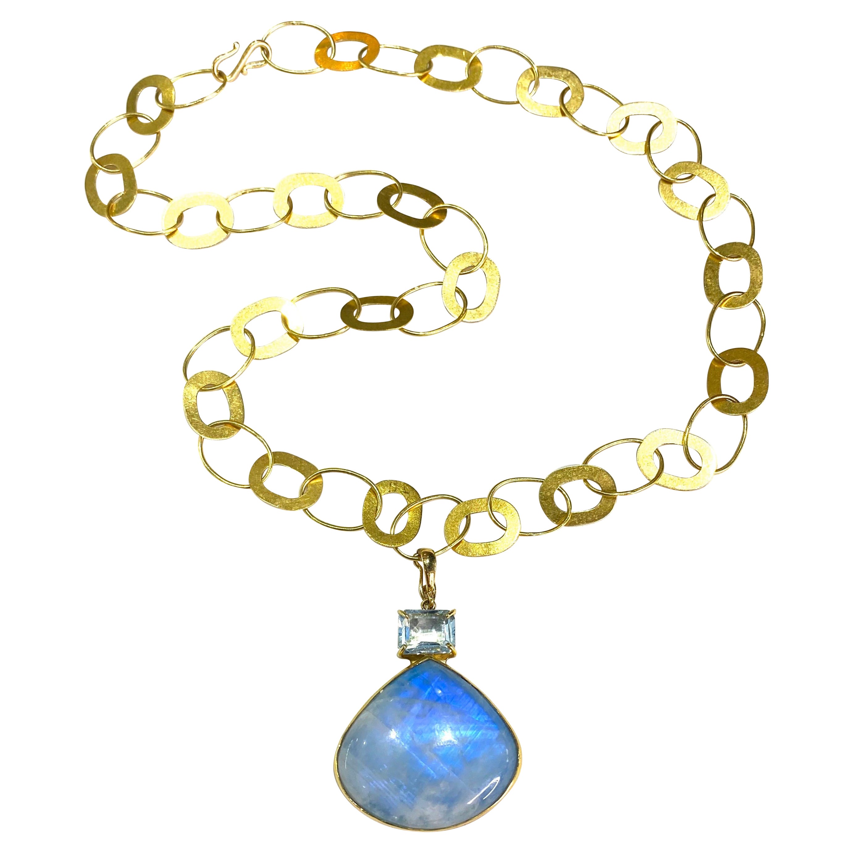 Blue Moonstone and Aquamarine Enhancer Necklace, 18k Yellow Gold