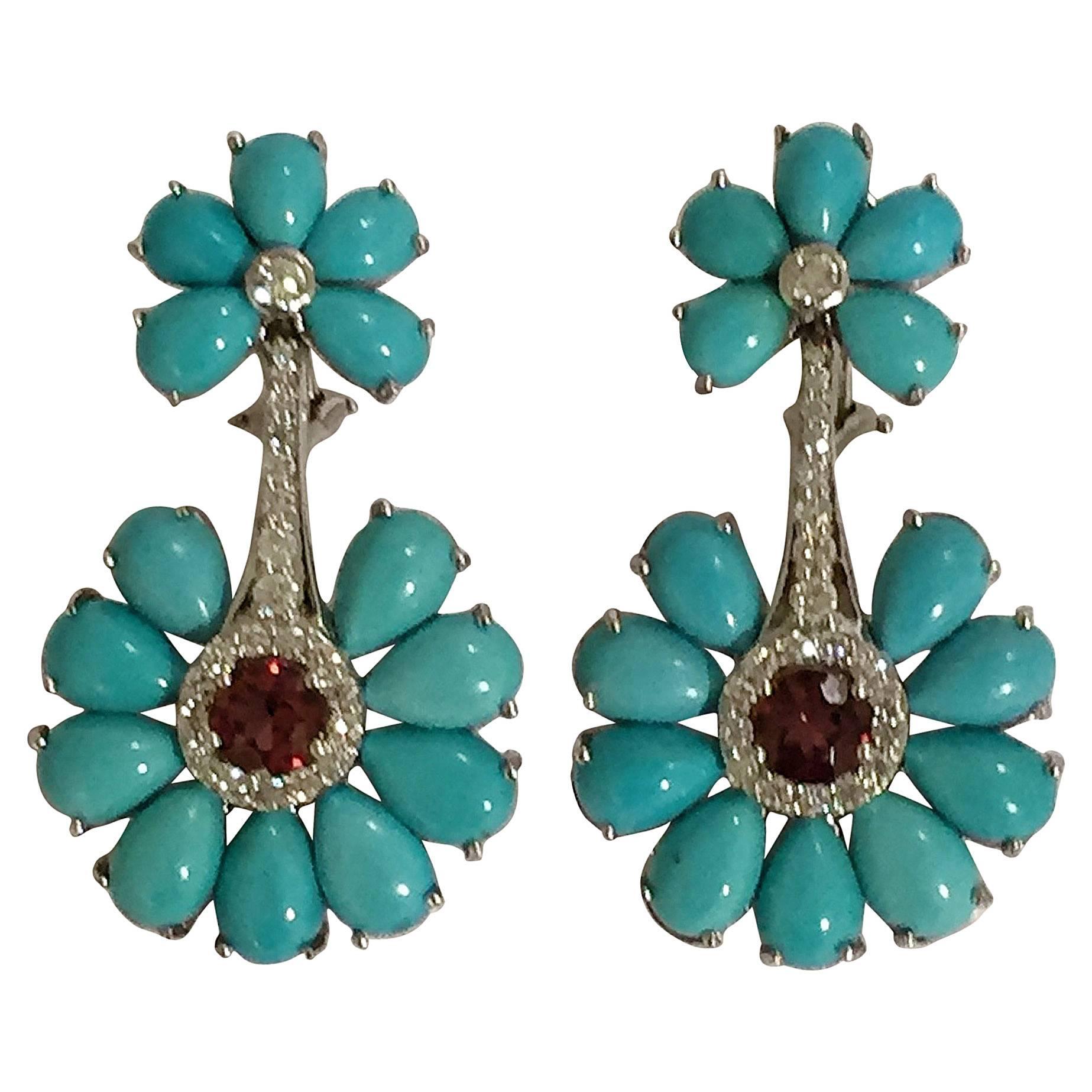 Boucles d'oreilles Turquoise Rubelite Diamant Or en vente