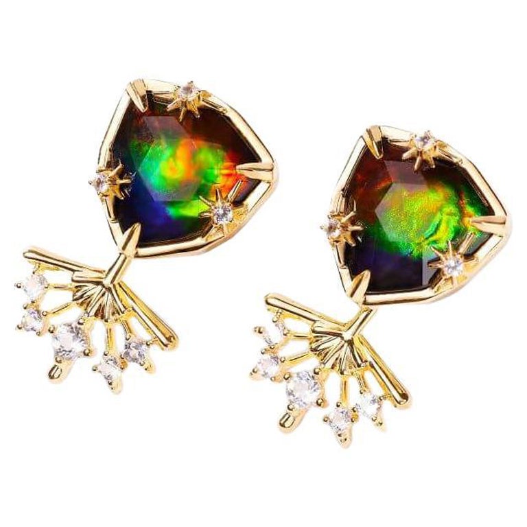 Starlight Trillion Ammolite Stud with Earring Jacket in 18k Gold Vermeil AA For Sale