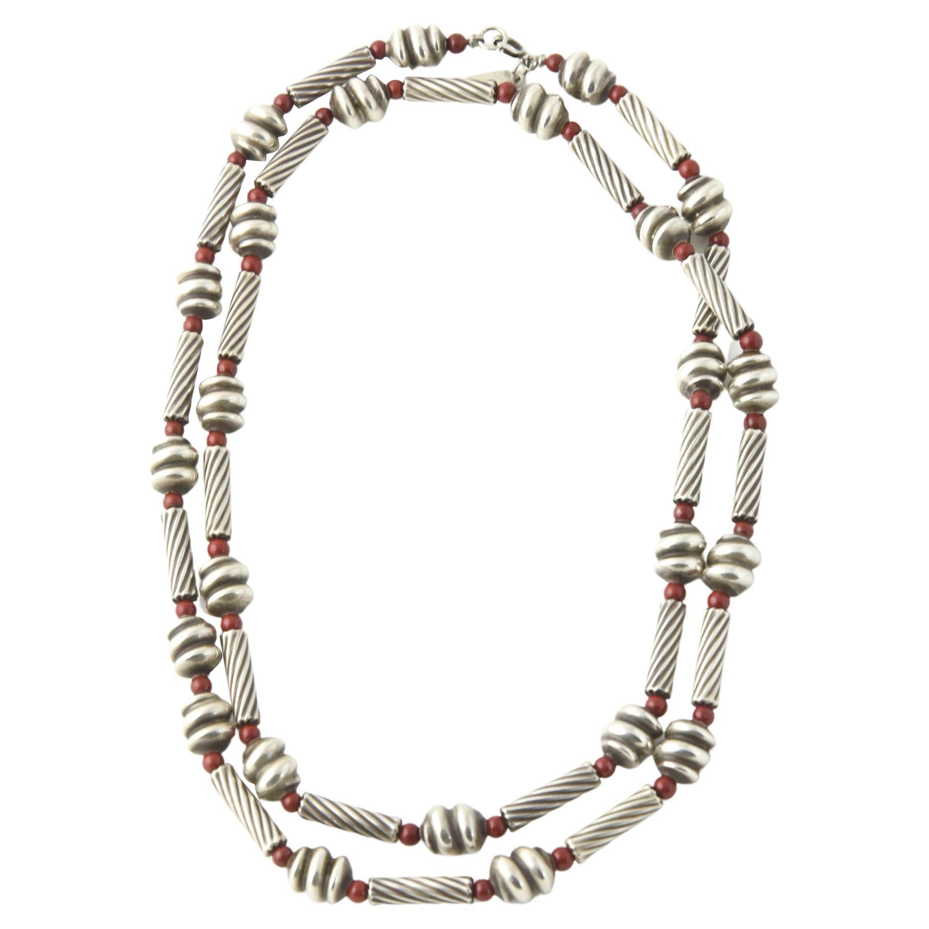 Stylized Sterling Silver and Jasper Bead Long Necklace by Nancy & Rise For Sale