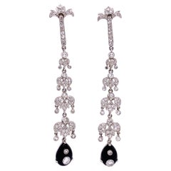 Diamond and Onyx Art Deco Style Platinum Drop Earrings Fine Estate Jewelry