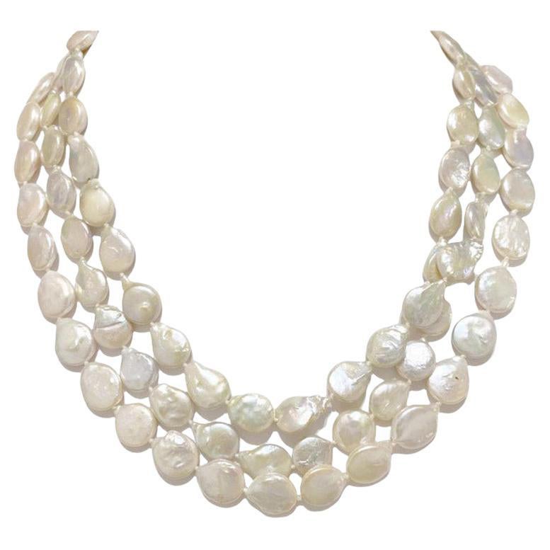 Freshwater Coin Pearl Necklace, Multi-Strand Pearl Necklace in Sterling Silver