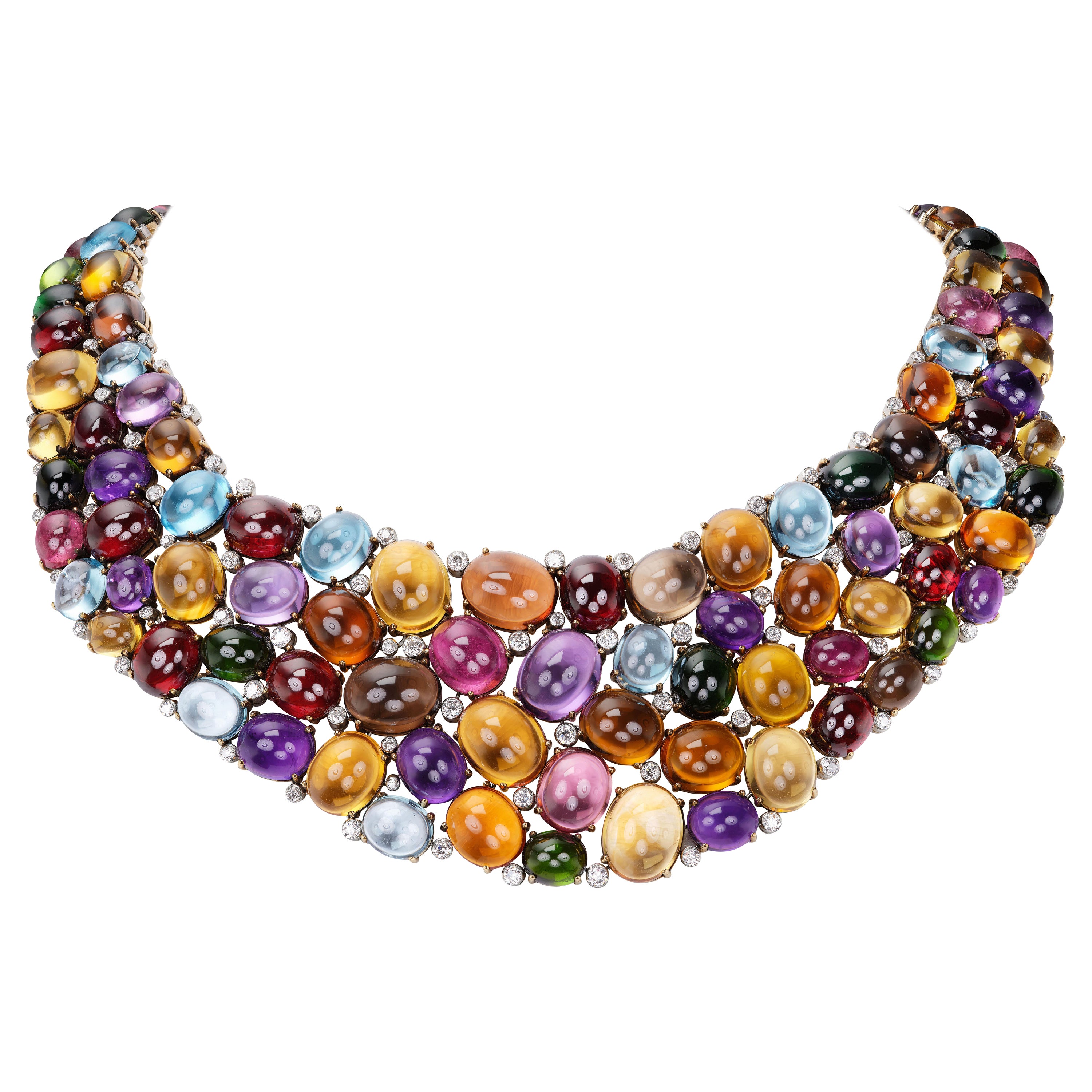 Mehrfarbige Cabochon-Halskette „Jubilee“ mit Multi-Gem-Cabochon 1, 000+ Karat 18K Gold und Platin