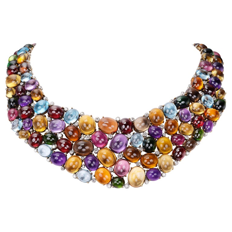 MultiGem Cabochon "Jubilee" Necklace 1, 000+ Carats 18K Gold and