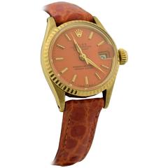 Rolex Lady's Yellow Gold Orange Dial Datejust Automatic Wristwatch Ref 6517