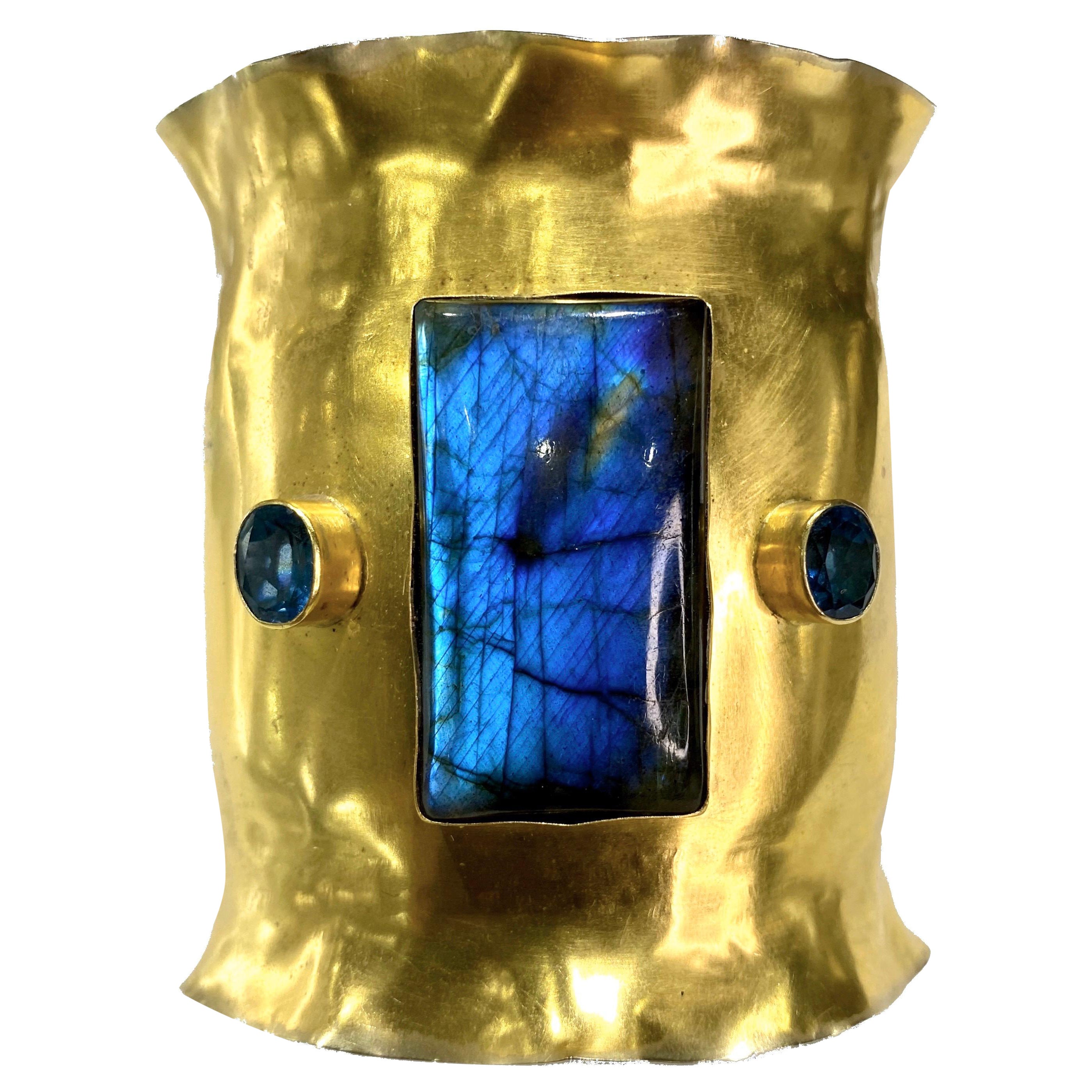Wide Gold Cuff with Labradorite and London Blue Topaz For Sale