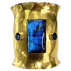Wide Gold Cuff with Labradorite and London Blue Topaz