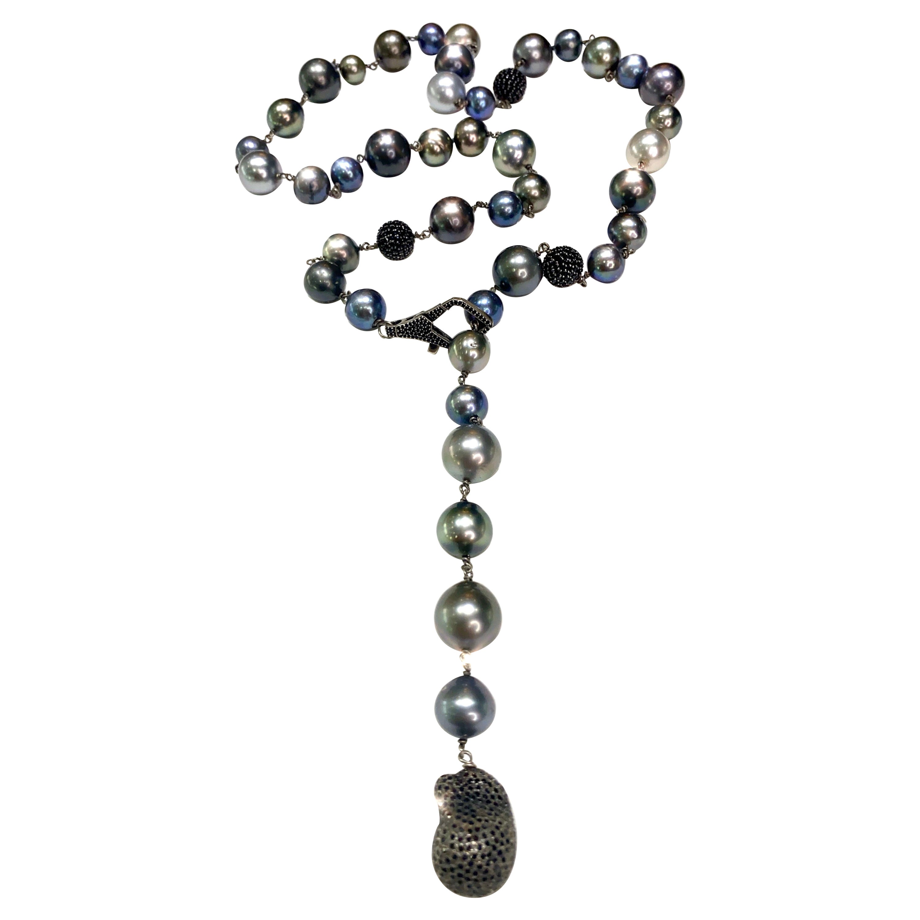 Tahitian Pearl Lariat Style Necklace with Black Spinel Beads For Sale