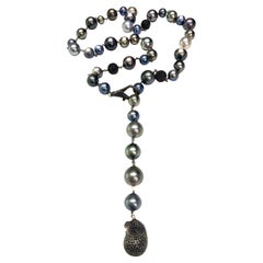 Tahitian Pearl Lariat Style Necklace with Black Spinel Beads