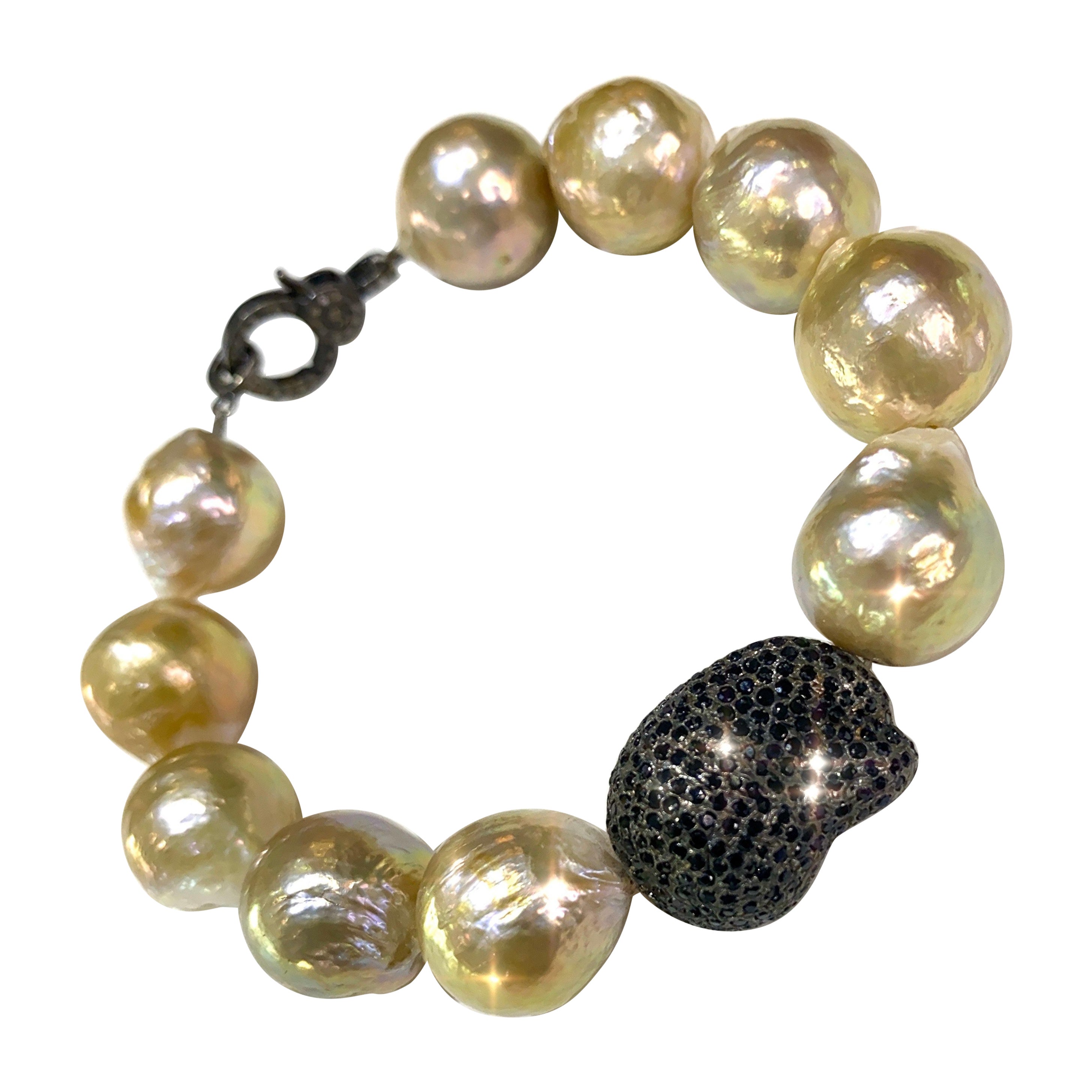 Golden Edison Baroque Pearl Bracelet with Black Spinel For Sale