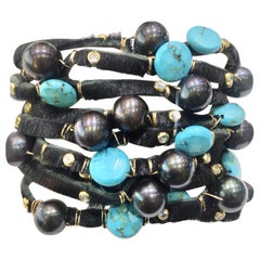 Calf Fur Leather Cuff with Tahitian Pearls and Sleeping Beauty Turquoise