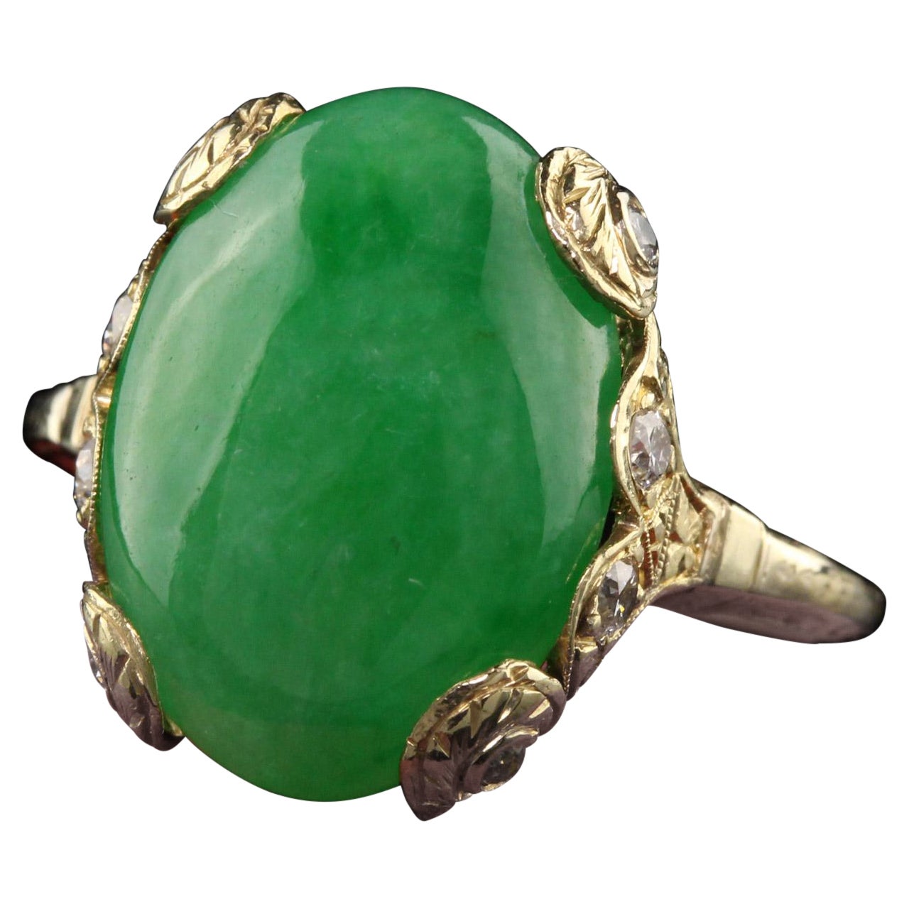 Antique Art Deco 18K Yellow Gold Cabochon Jade and Old European Diamond Ring For Sale