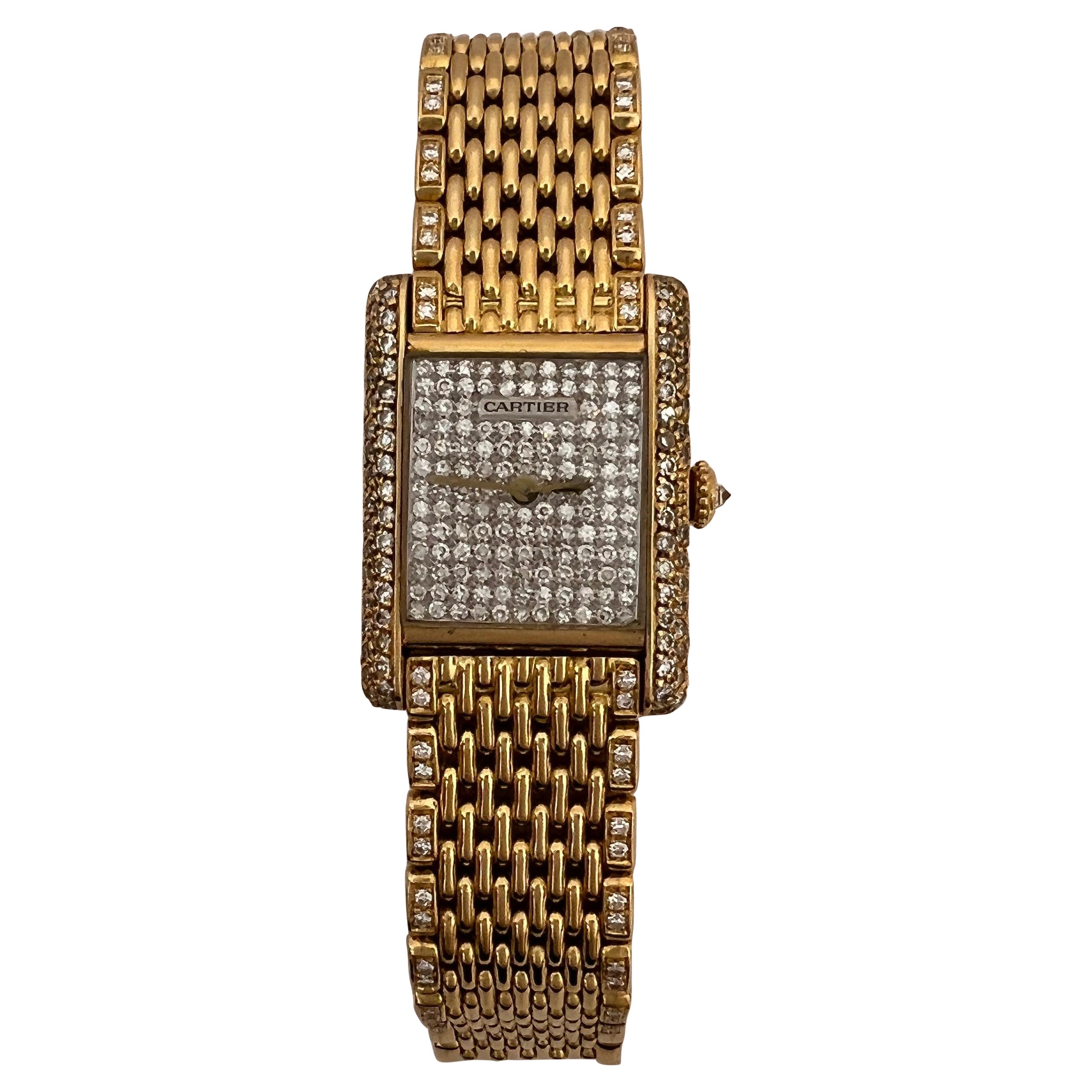 Pre-Owned Louis Cartier Tank Watch Factory Diamonds Grain de Riz 18KY For Sale