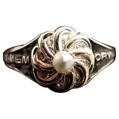 Antique Victorian Mourning Ring, 18 Karat Gold, Black Enamel, Diamond and Pearl
