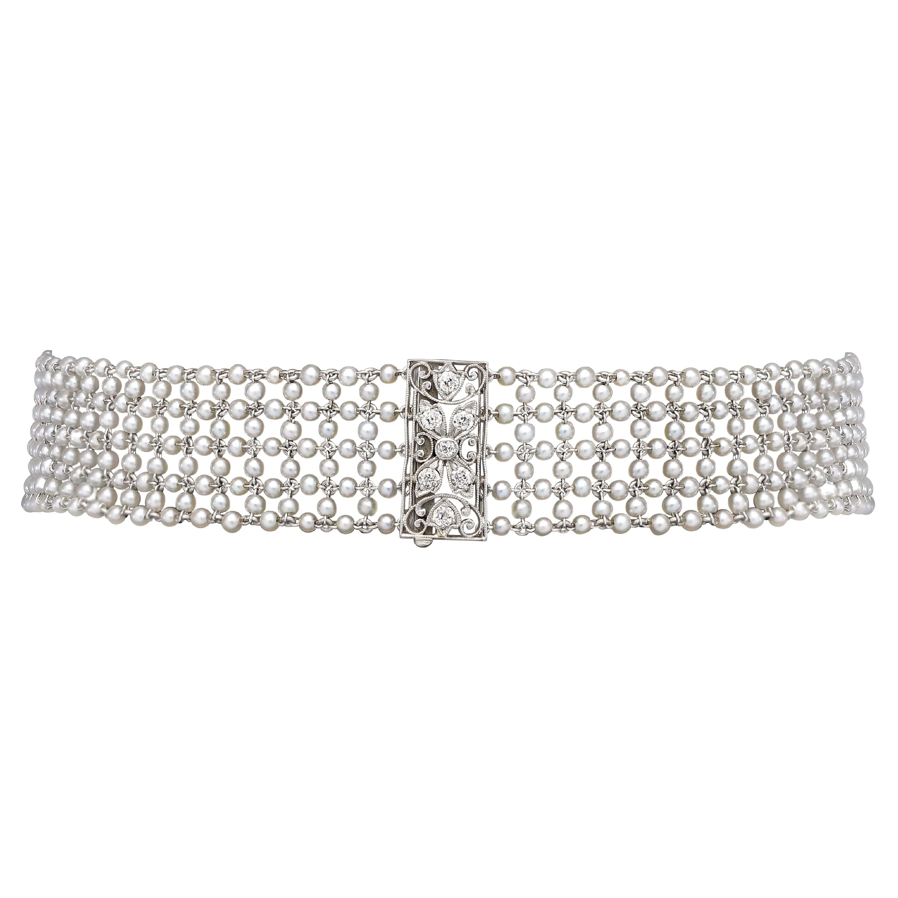 Belle Epoque Platinum Natural Seed Pearl Diamond Choker Convertible to Bracelets