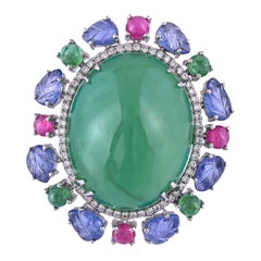45.77 Carats, Zambian Cabochon Emerald, Blue Sapphire & Ruby Cocktail Ring