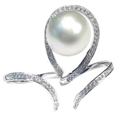 White Soute Sea Pearl Two-Finger Diamond Open Wraparound 18K White Gold Ring