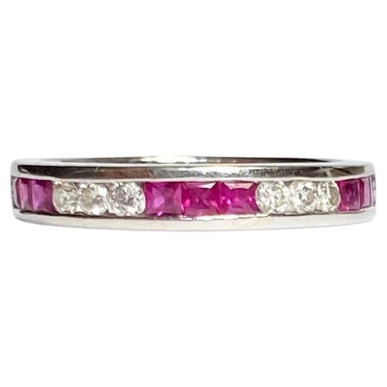 Vintage Ruby and Diamond 18 Carat White Gold Half Eternity Ring For Sale