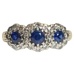 Edwardian Sapphire and Diamond 18 Carat Gold Triple Cluster Ring