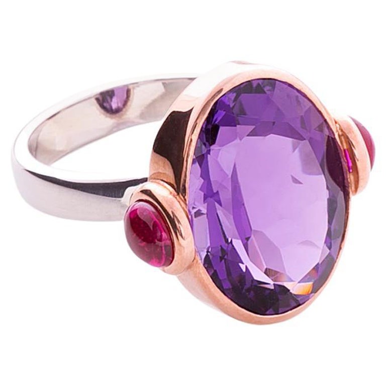 Deco Style 18 Karat White Gold Amethyst Rubelite Cabochon Candy Cocktail Ring For Sale