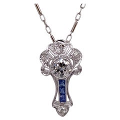 Art Deco Old European Diamond Blue Sapphire Platinum Antique Pendant Necklace