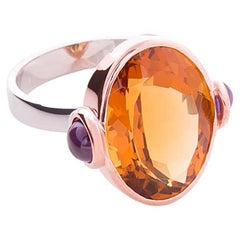 Anillo de Cóctel de Oro Amarillo de 18 Kilates con Cabujón de Citrino y Amatista Estilo Deco