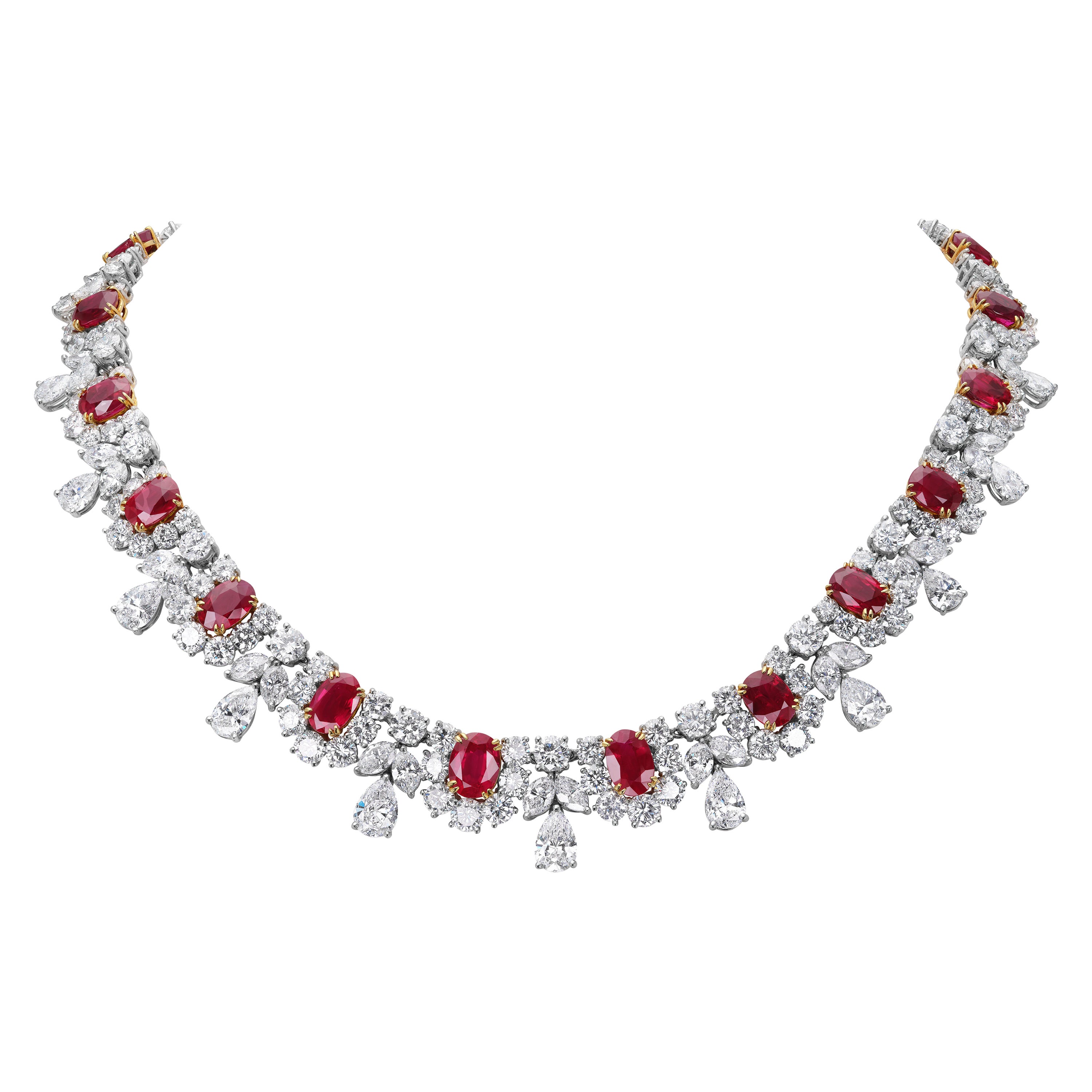 Burma Ruby and Diamond Cluster Necklace Platinum and 18K Gold