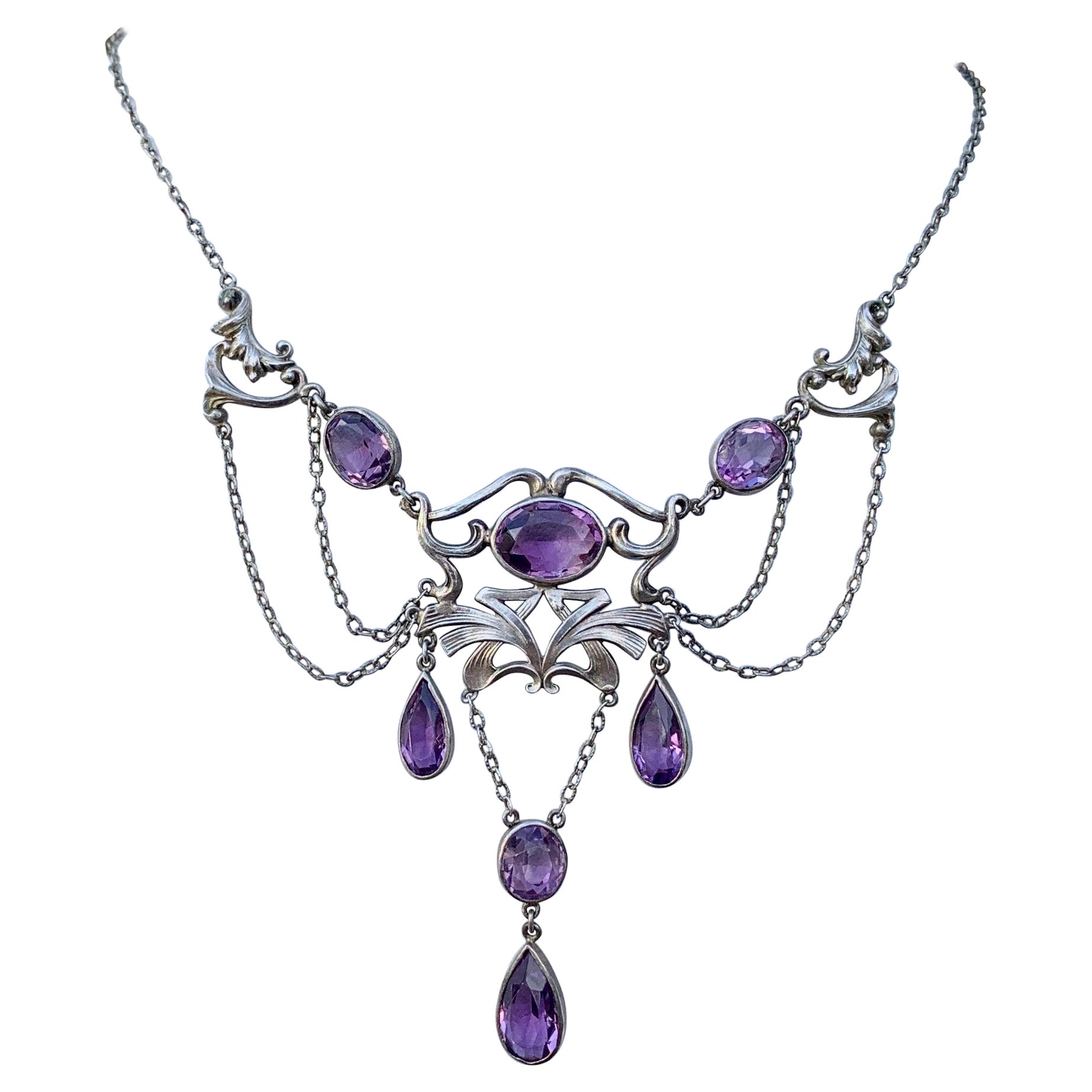 Jugendstil Amethyst Festoon Halskette Sterling Silber Antik Selten im Angebot