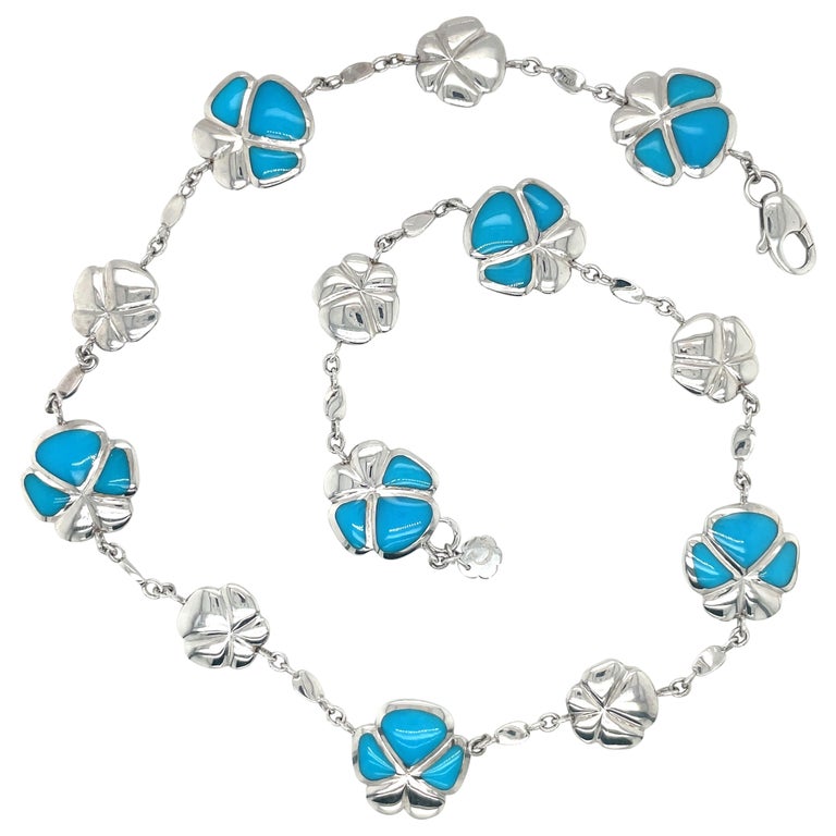 Amnbrosi 18KT White Gold and Turquoise Viola Flower Necklace For Sale